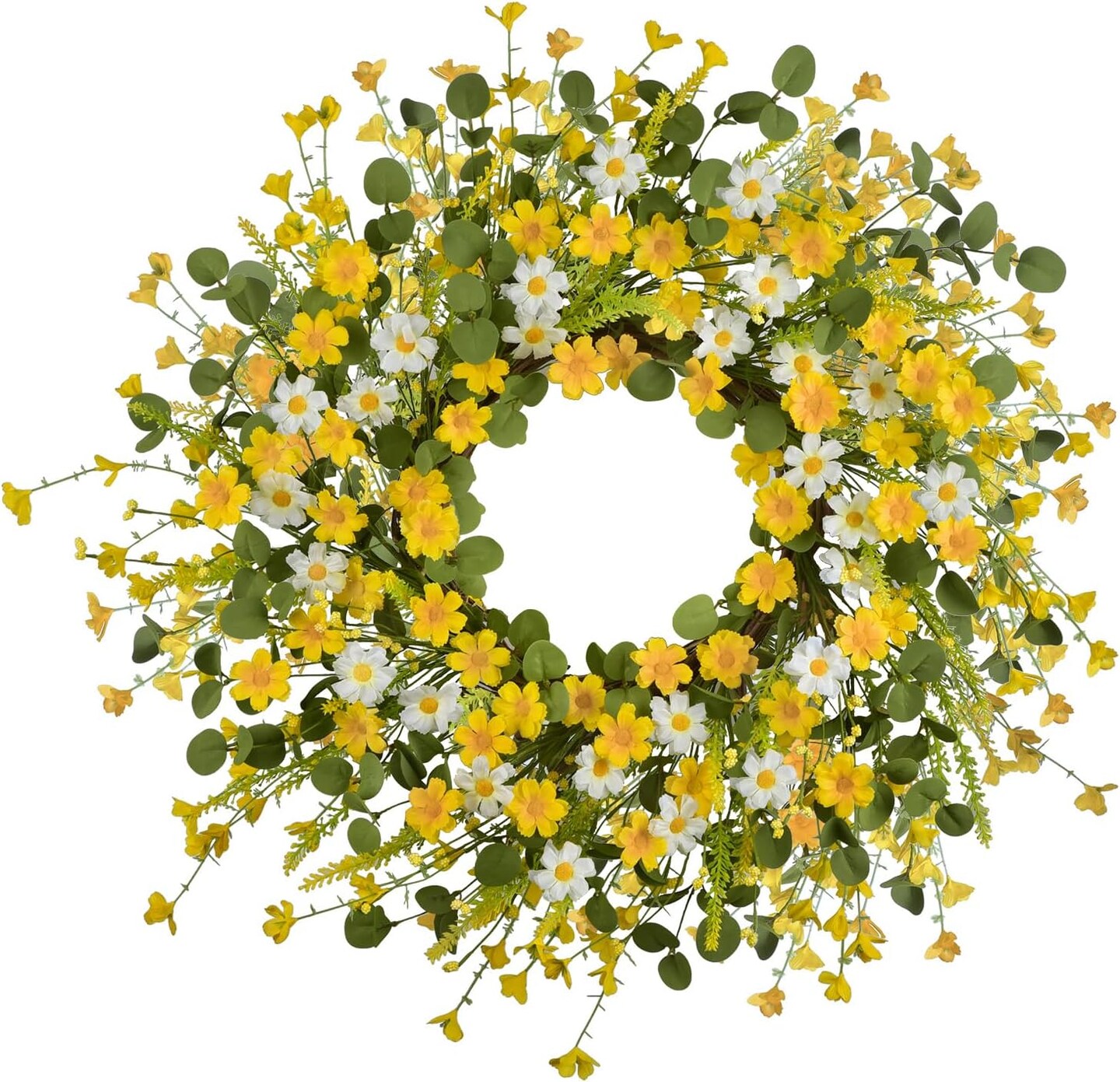 24Inches Artificial Yellow Daisy Spring Wreath with Green Eucalyptus Leaves and Lavender