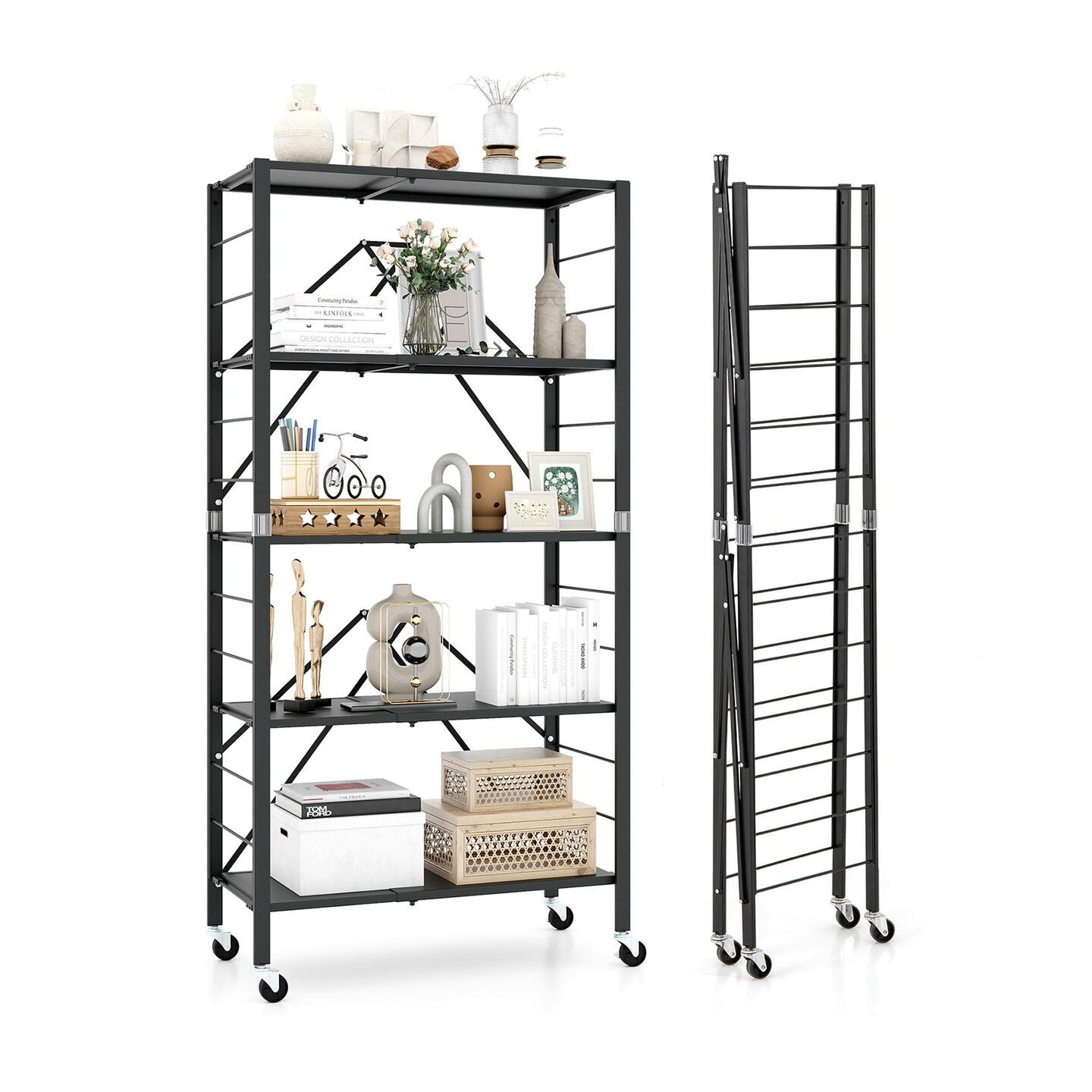 Black Metal Foldable Storage Shelf and Adjustable 5-Tier Shelves with Wheels