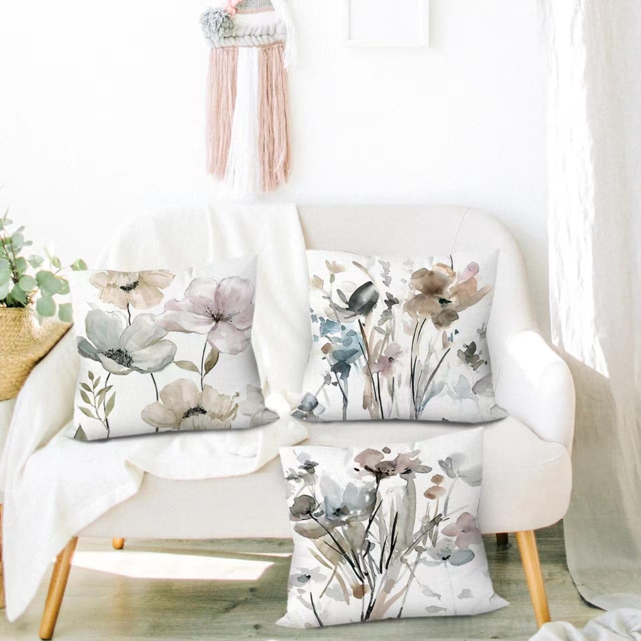 Set of 6 18×18 Inch Brown, White, and Grey Flower Pillow Covers – Modern Watercolor Floral Throw Pillowcases for Couch, Sofa, Bedroom, Living Room, and Farmhouse Home Décor