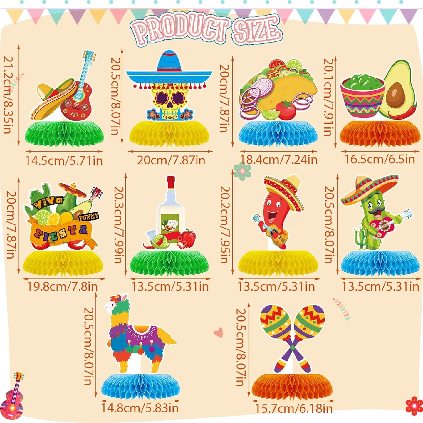 10pcs Mexican Cinco de Mayo Honeycomb Table Centerpieces Party Decorations,3D Double Side Toppers Paper Fans Mexican Fiesta Theme Taco Bout Birthday Party Decor Supplies