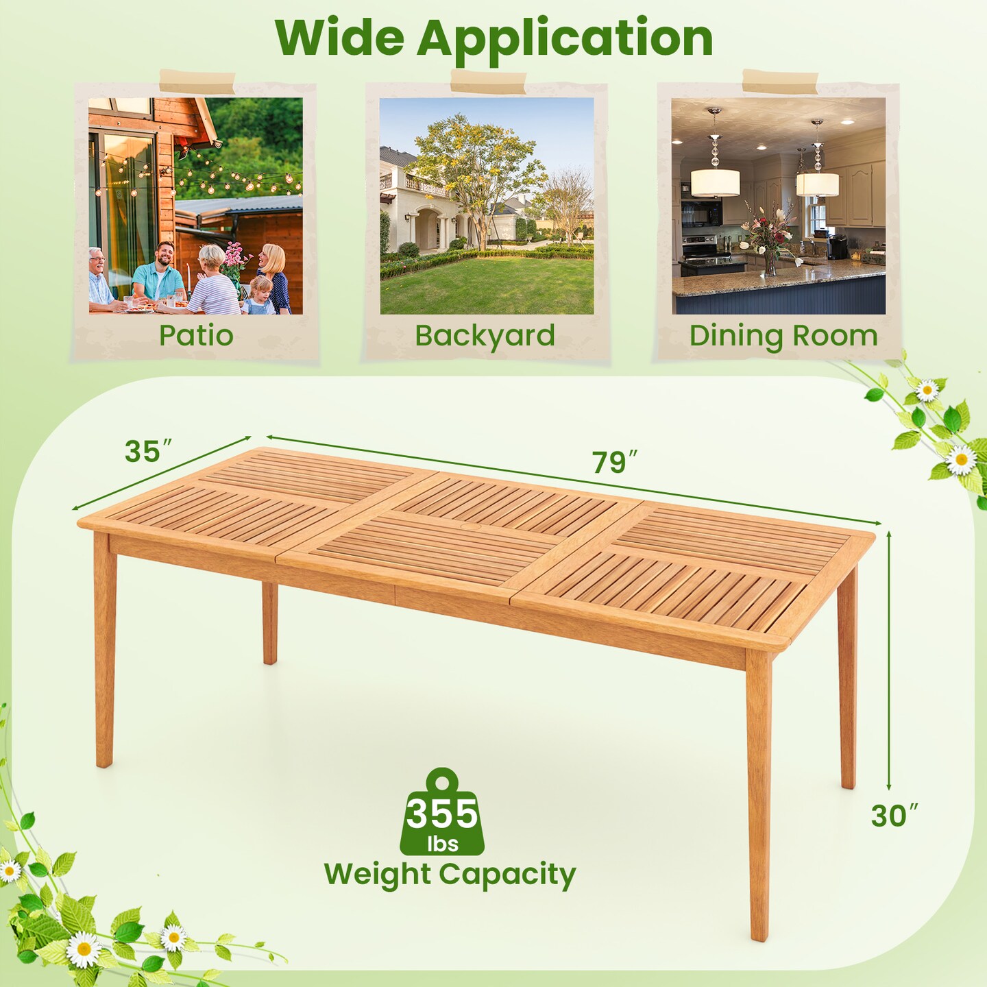 Natural Acacia Wood 8-Person Patio Rectangular Dining Table with Umbrella Hole