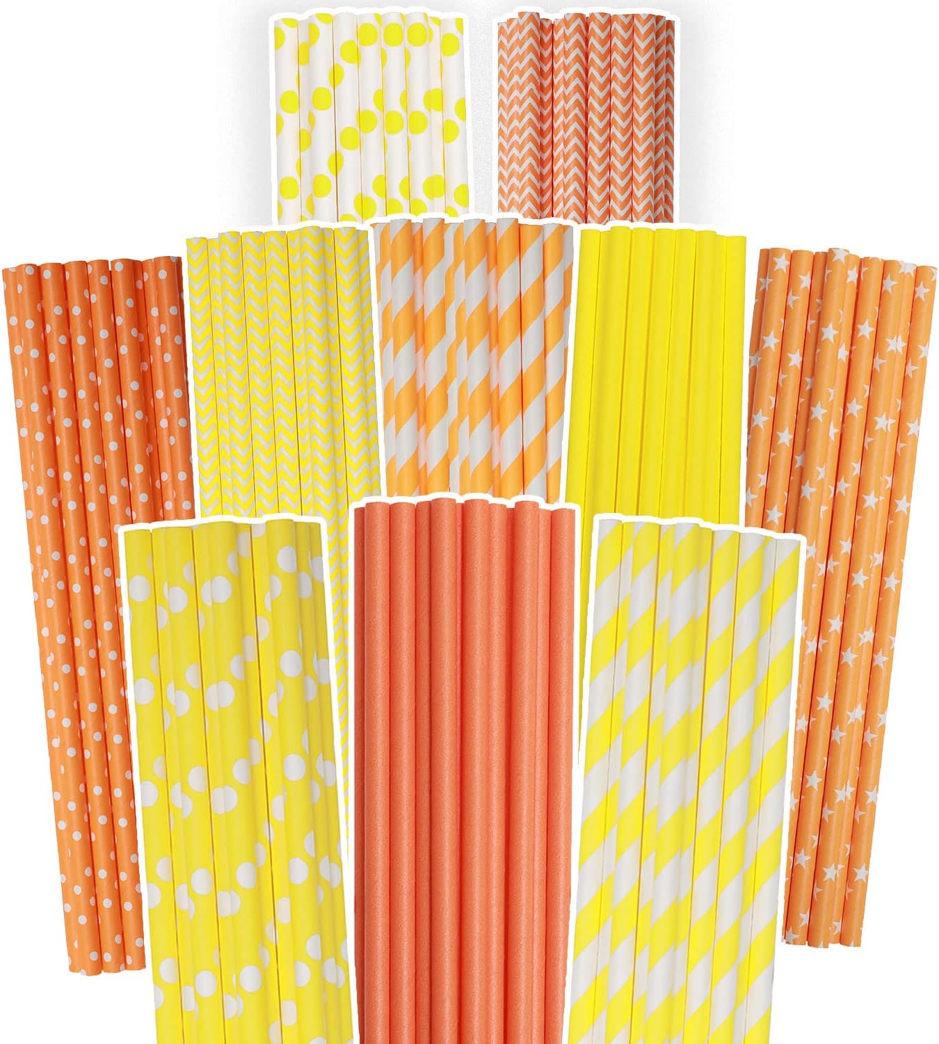 Yellow Orange Paper Straws for Drinking Yellow Disposable Straws 150pcs Biodegradable Disposable Straws Bulk(10 Pattern)