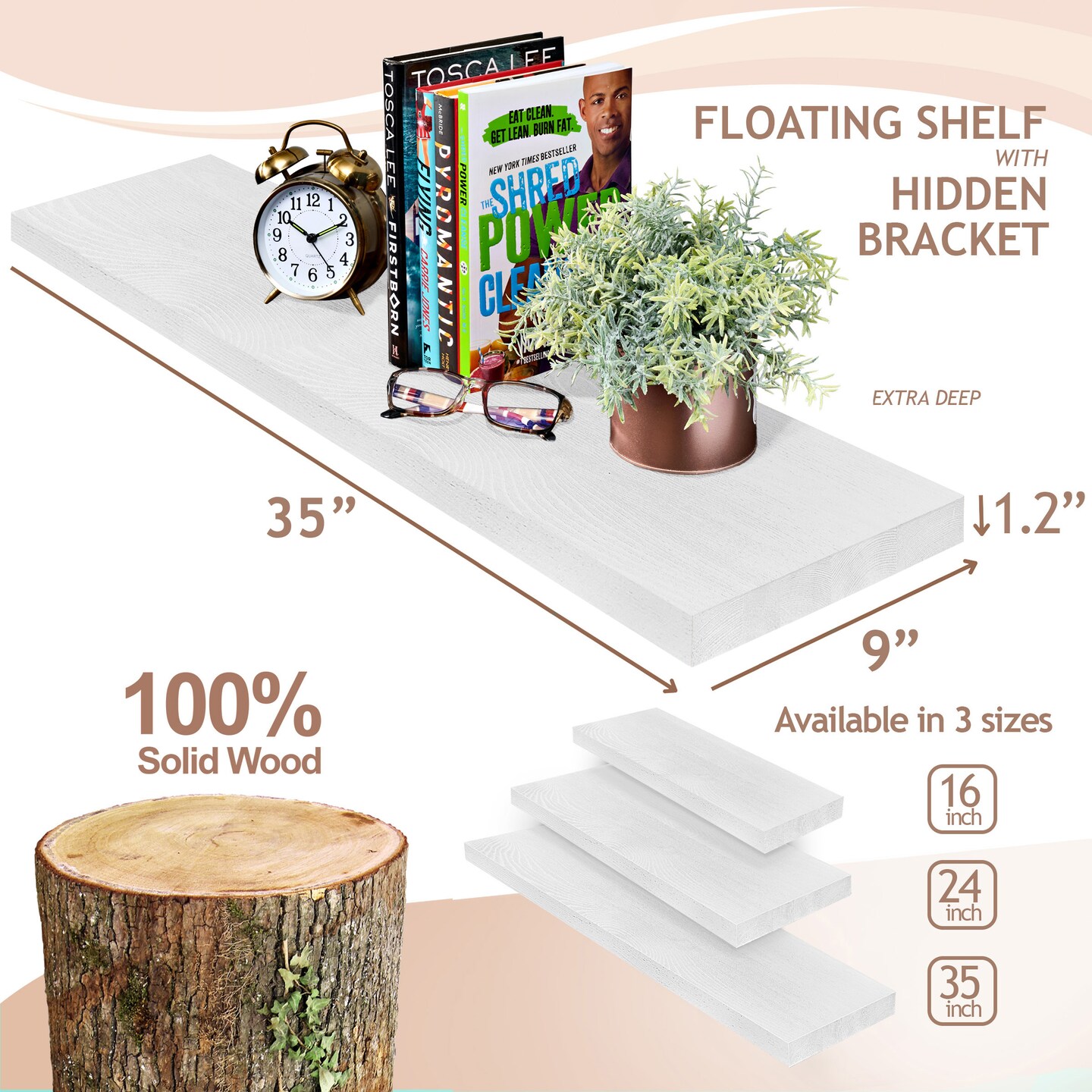 Sorbus Wood Floating Shelves for Wall - 35” Solid Wood Wall Shelves for Bathroom Decor, Books, Bedroom & Living Room - Set of 2 Black Wall Mounted Kitchen Shelves - Durable 100% Premium Solid Pine