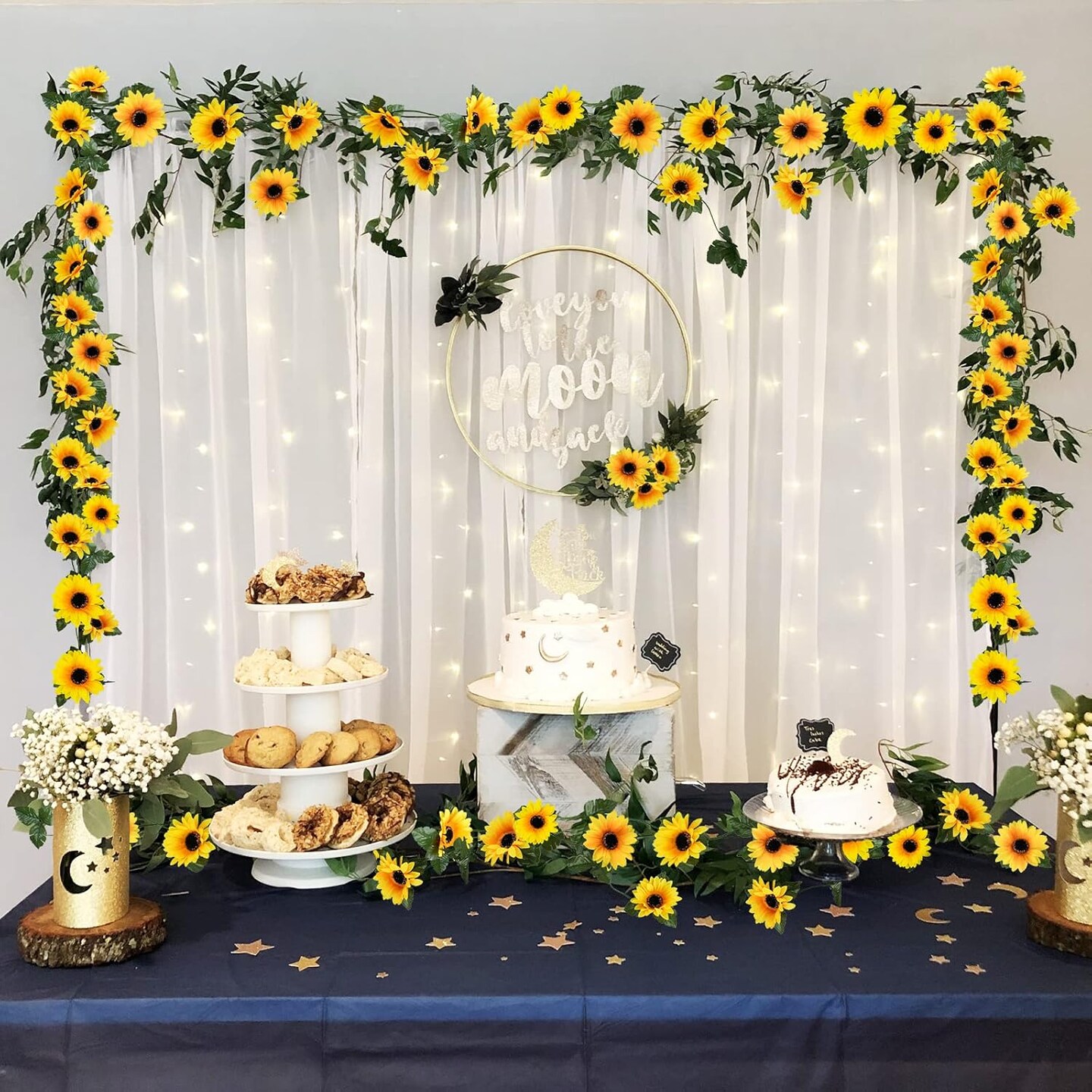 Summer 10 Pack Artificial Sunflower Garland &#x2013; 7ft Silk Sunflowers with Green Leaves for Room, Kitchen, Garden, Wedding Arch, and Outdoor Party Decor
