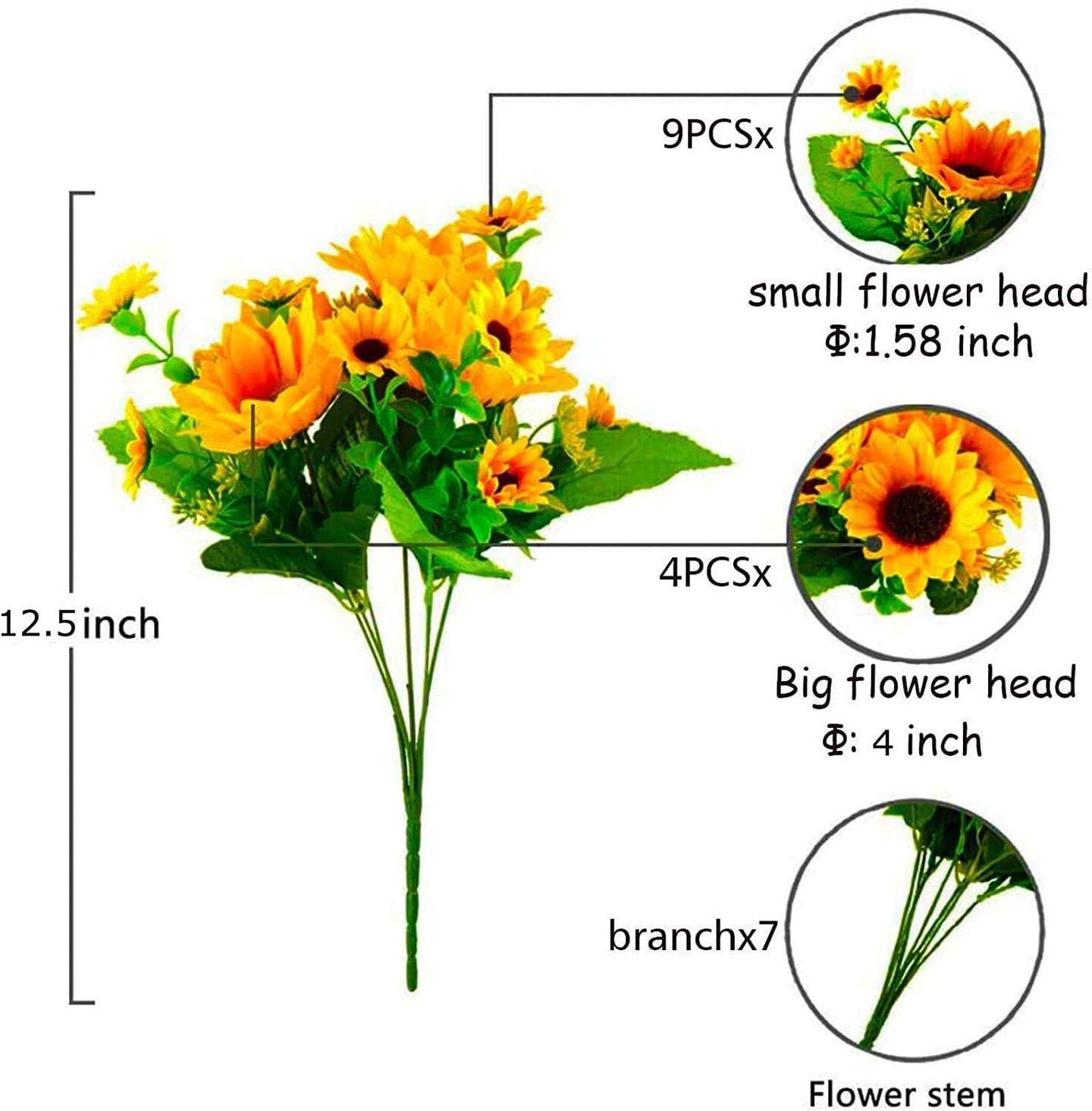 Summer Sunflowers – 6 Pack 12" Artificial Silk Flowers with Stems, 13 Heads & 27 Leaves for Indoor & Outdoor Decor Floral Arrangements