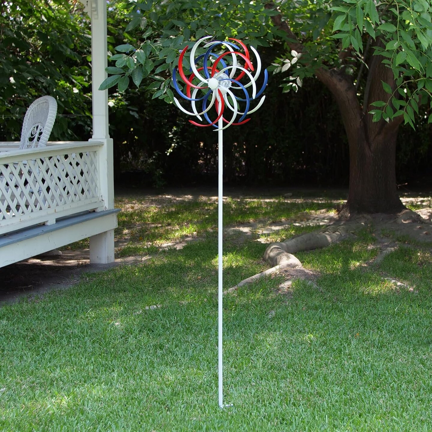 Tall Outdoor Solar Powered Patriotic Dual Windmill Spinner Stake Yard Decoration, Red, White, and Blue
