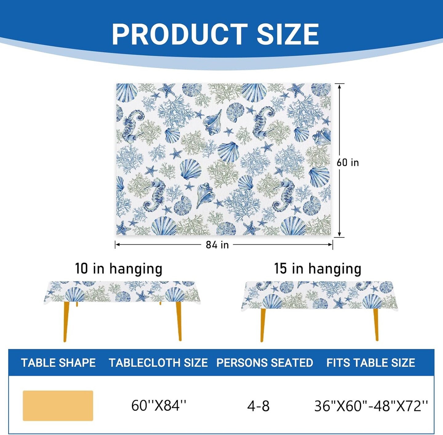 Blue Beach Tablecloth 60 x 84 Inches – Coastal Ocean Table Cover with Conch, Coral, Starfish & Seahorse for Summer Dining, Picnic, or Party Decor