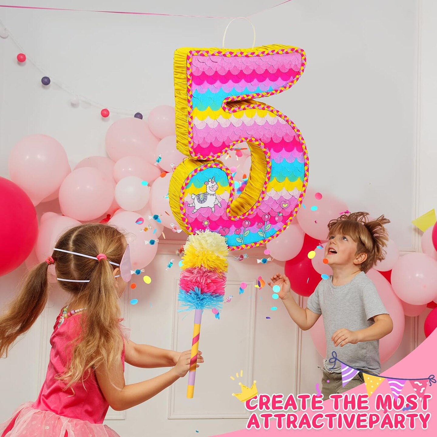 Number 5 Pinata for Birthday Party Decorations, Unicorn Mermaid Theme Pink Pi&#xF1;ata Games Toy