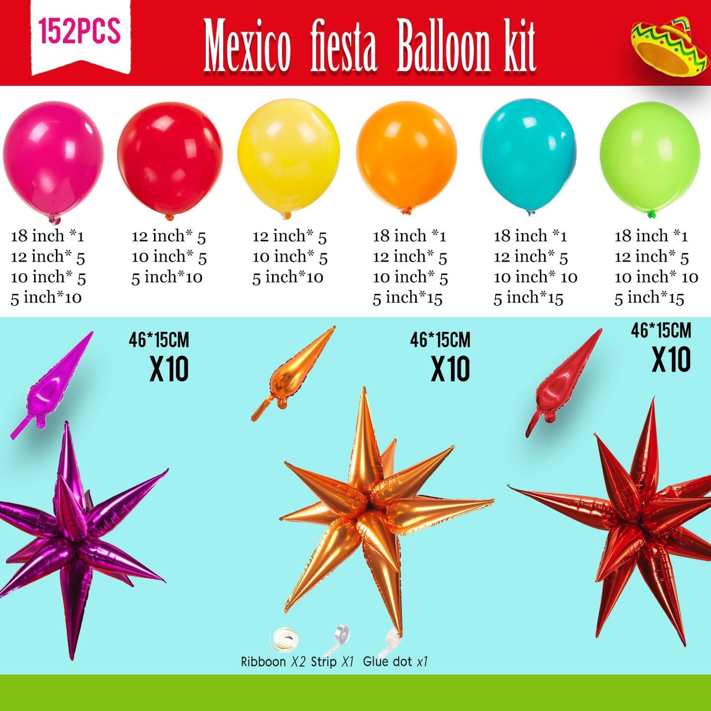 Mexican fiesta cinco de mayo independence Themed Balloon Garland Arch Kit 152 Pieces Hot Pink Red Yellow Orange Blue green Balloons for Cielito Lindo Birthday and Baby Shower Party Supplies Decoration