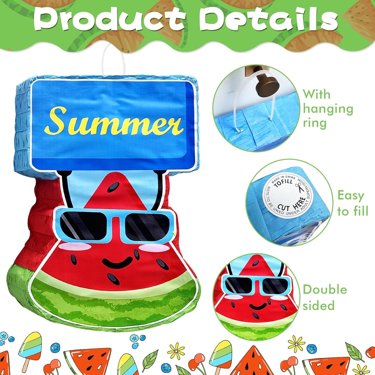 Watermelon Pi&#xF1;ata Summer Theme Pi&#xF1;ata,with Stick Blindfold Confetti,16.5 x 10.2 x 2.6 Inches Summer Fruit Pi&#xF1;ata for Summer Birthday Parties Summer Theme Parties Decoration Party Game