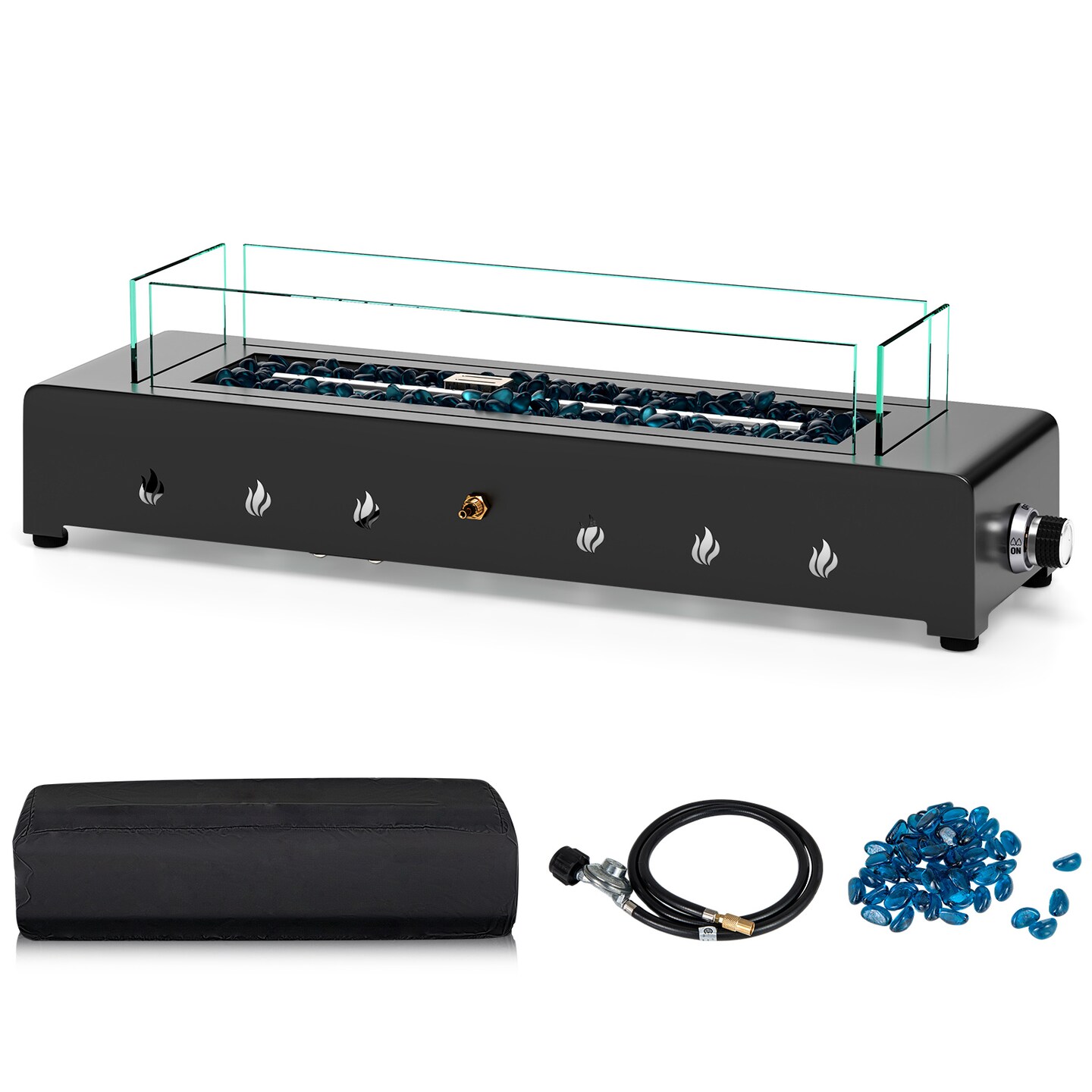 Black Metal Tabletop Fire Pit with Glass Rocks, 40,000 BTU and Adjustable Flame