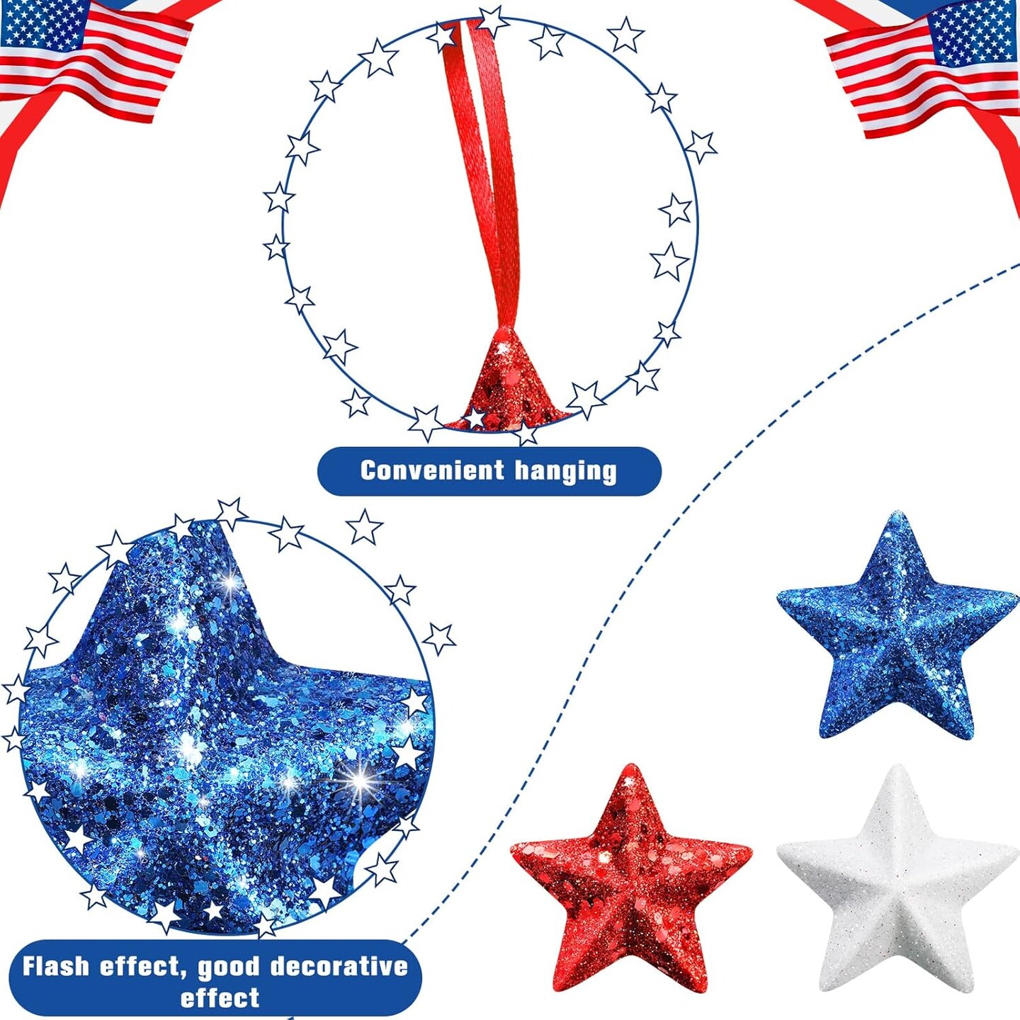 Memorial Day Star Hanging Ornaments Patriotic White Red Blue Star Shaped Ornament for 4th of July Home Indoor Outdoor Party Decor Independence Day Party Favors(36 Pcs)
