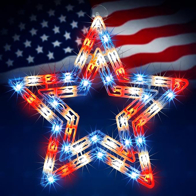 14" Lighted Red, White and Blue Patriotic Star Window Silhouette Decoration for Indoor & Outdoor Celebrations