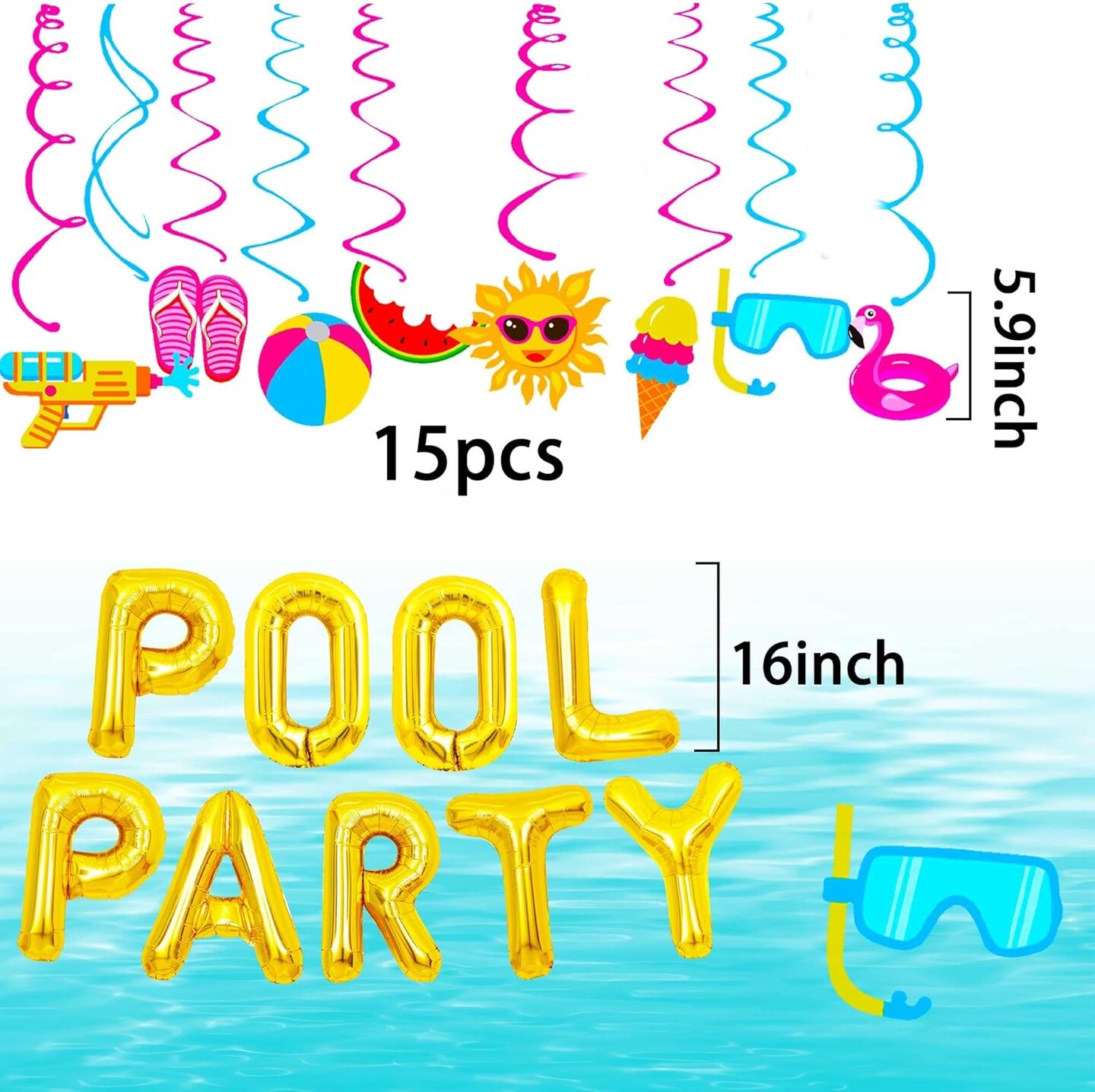 Summer Pool Party Hanging Swirls Decorations – 15 Pack Foil Ceiling Swirls with Beach Balloons & Banner, Tropical Swimming Pool Party Favors