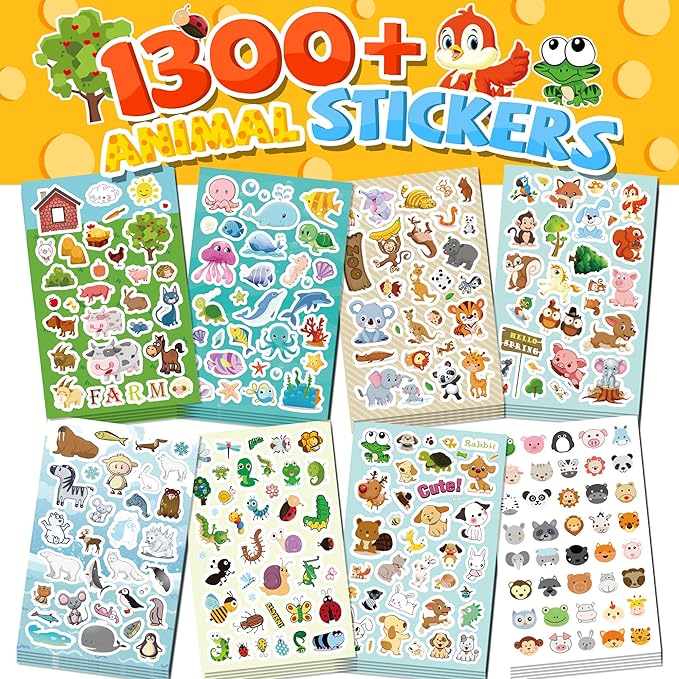 1300+ Kids Stickers, Cute Animals Water Bottle Stickers, 8 Sheets Children’s Scrapbooking Stickers for Classroom Rewards, Crafts, Christmas & Party Favors