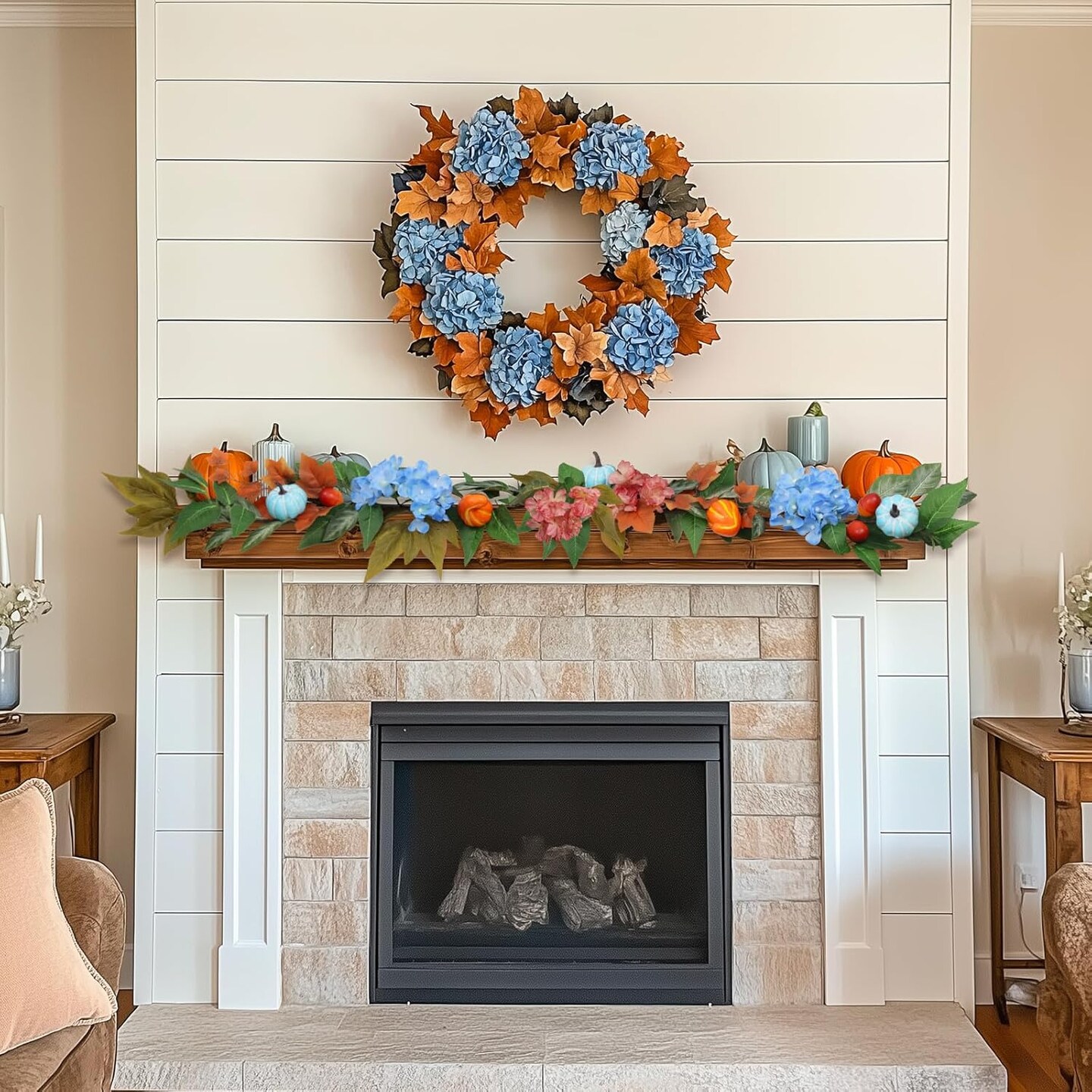 6ft Fall Hydrangea Garland with Blue Pumpkins &#x2013; Autumn Artificial Floral Pumpkin(11.26 x 9.69 x 4.69 inches)