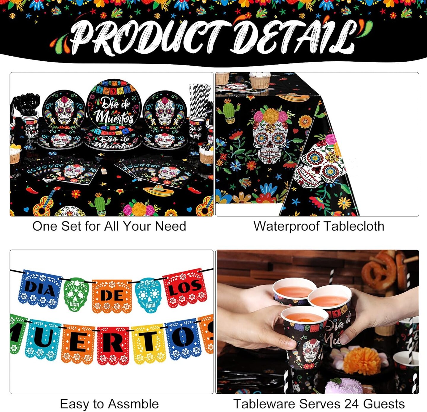 195 Pieces Day of The Dead Party Supplies Halloween(Black)