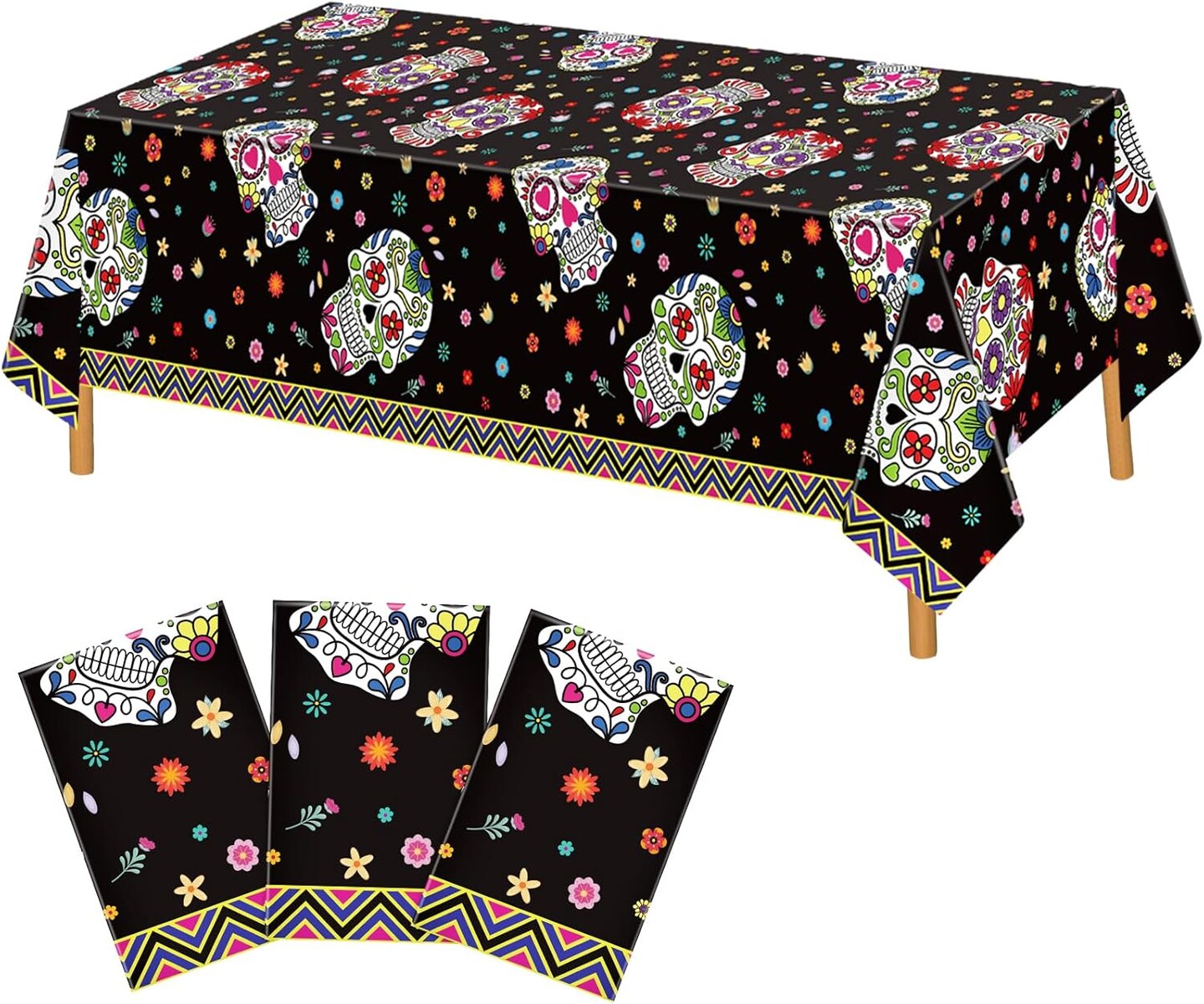 3 Pcs Day of The Dead Tablecloths Dia De Los Muertos Table Covers(Day of the Dead)108"L x 54"W