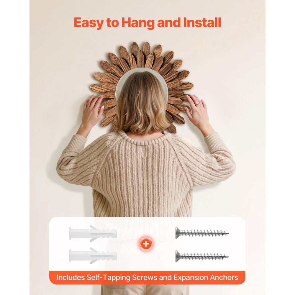 12-Inch Sunburst Wall Mirror Vintage Boho Decorative Mirror with HD Glass and Solid Wood Frame