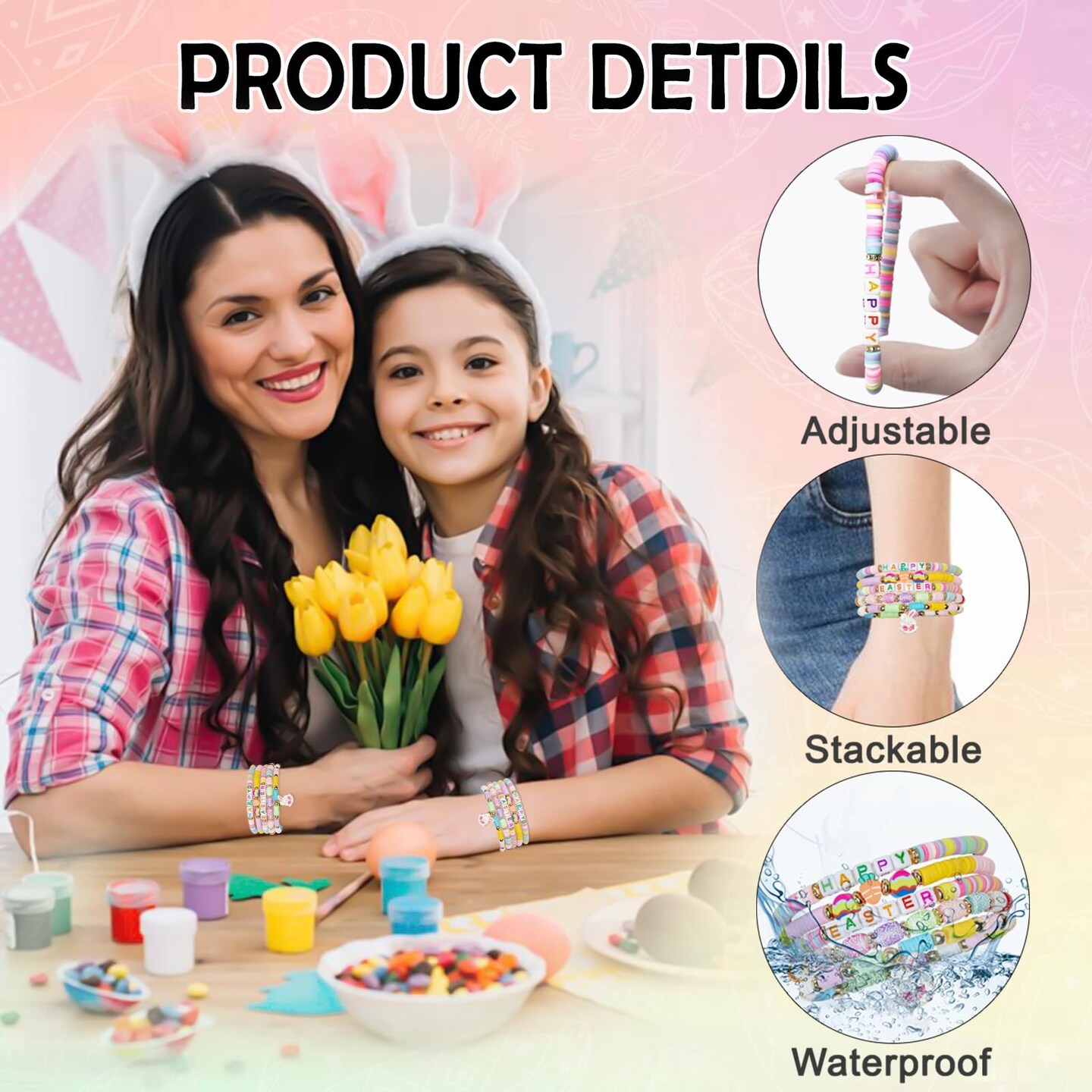 5Pcs Easter Bracelets Heishi Polymer Clay Elastic Holiday Bracelets Man Woman Party Bracelet (2501)