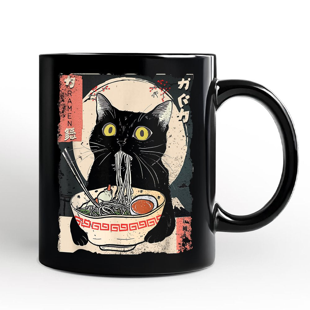 Kawaii Anime Cat Eating Ramen Mug, Noodle Japanese Art Style Gift