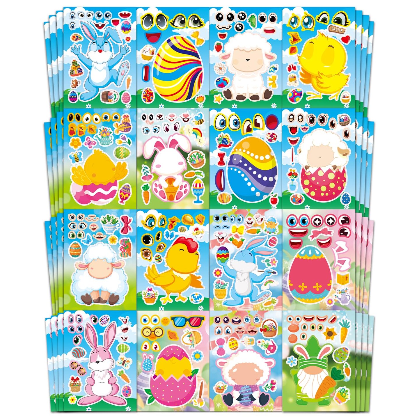 64 Sheets Easter Make a Face Stickers for Kids - 16 Cute Designs - Fun Party Favors, Crafts, Decorations & Basket Stuffers for Easter