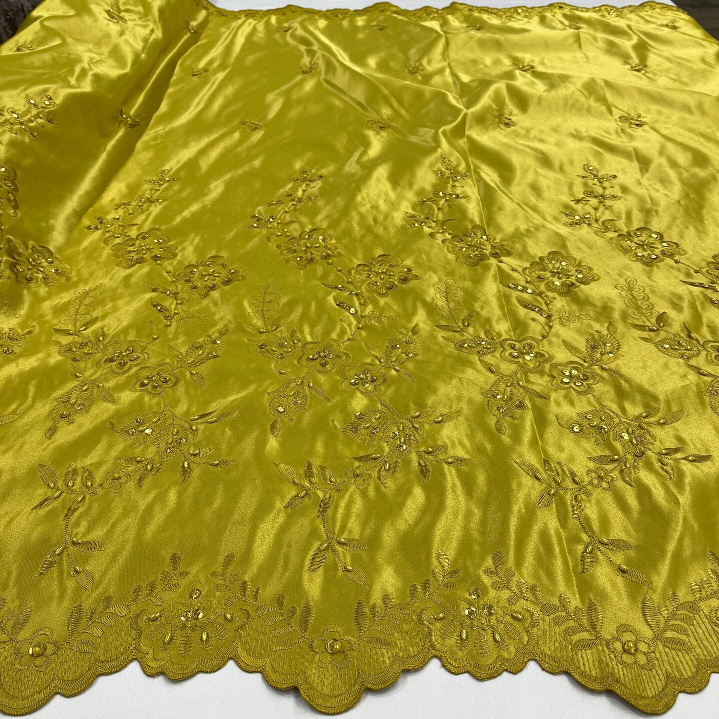 1 Yard Beaded Bridal Lace Fabric Embroidered on 100% Polyester Satin 54" Wide