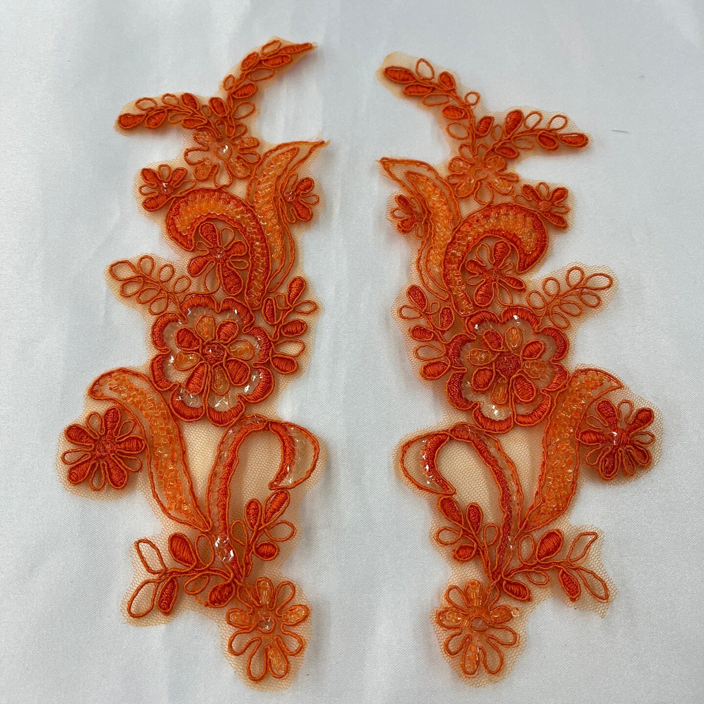 1 Pair Beaded & Corded Floral Lace Applique 9" x 2.5" Each Side