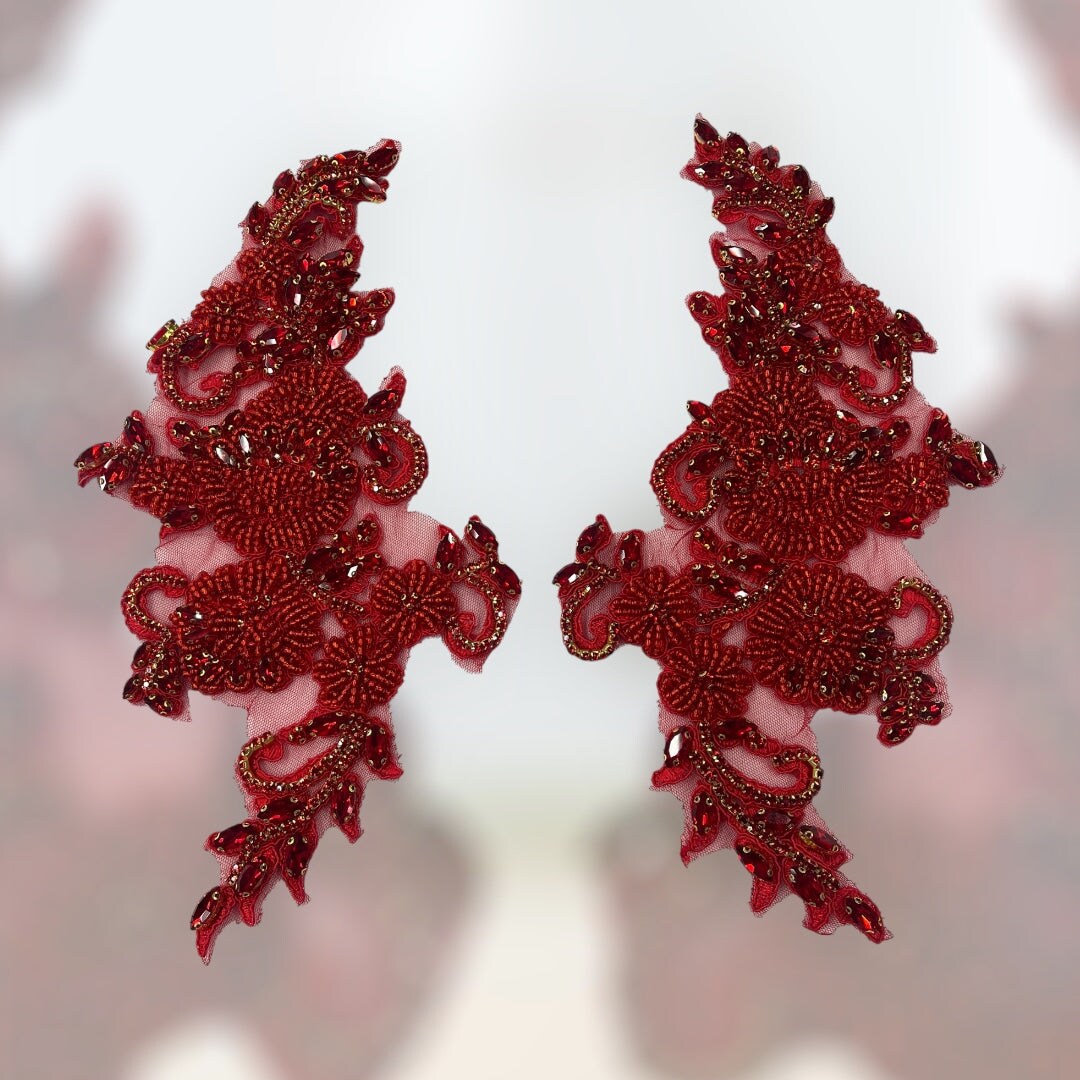 1 Pair Crystal Rhinestone Beaded & Corded Lace 100% Polyester, 12" x 5" Each Side