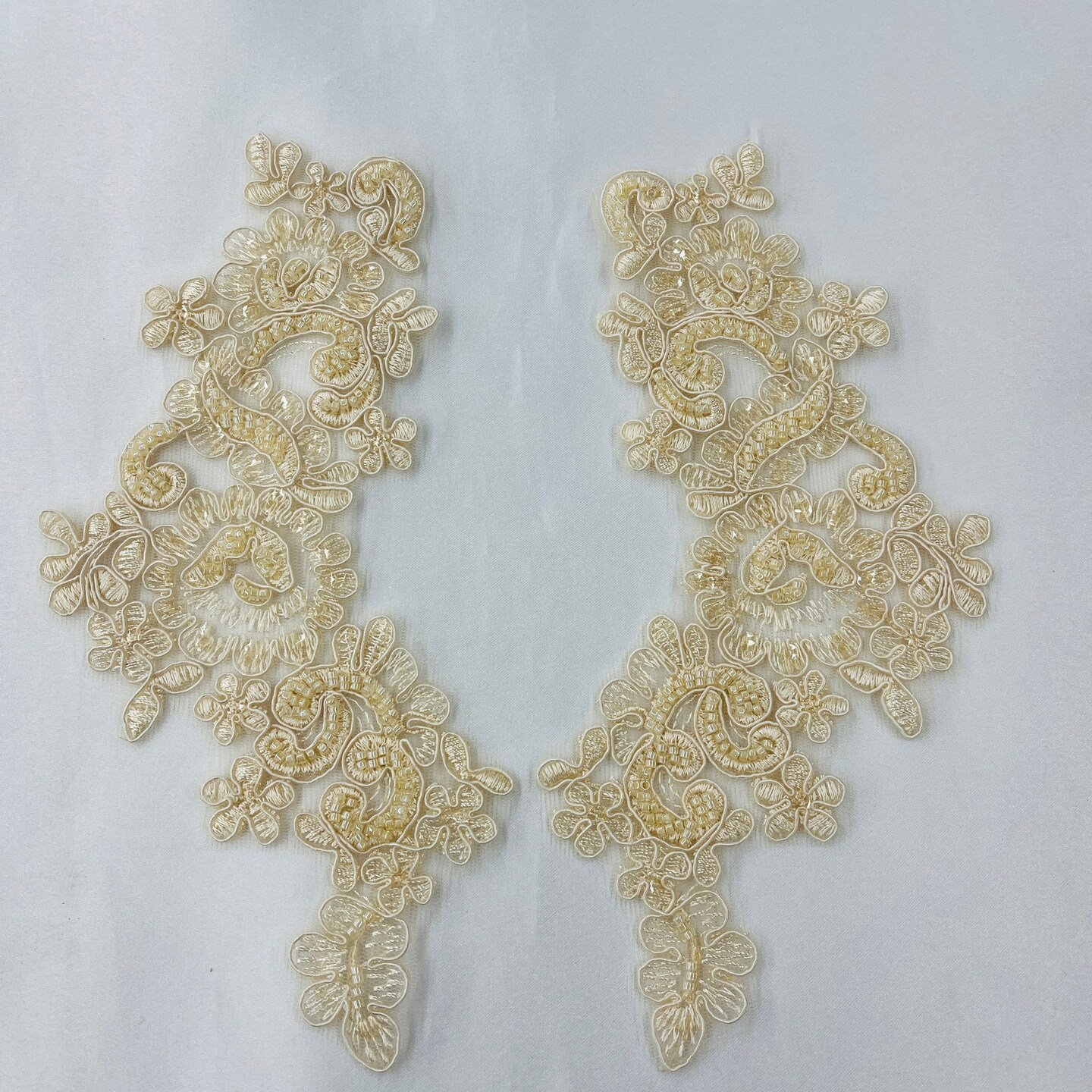 1 Pair 9&#x22; x 3&#x22; Each Side Beaded &#x26; Corded Floral Lace Applique Organza