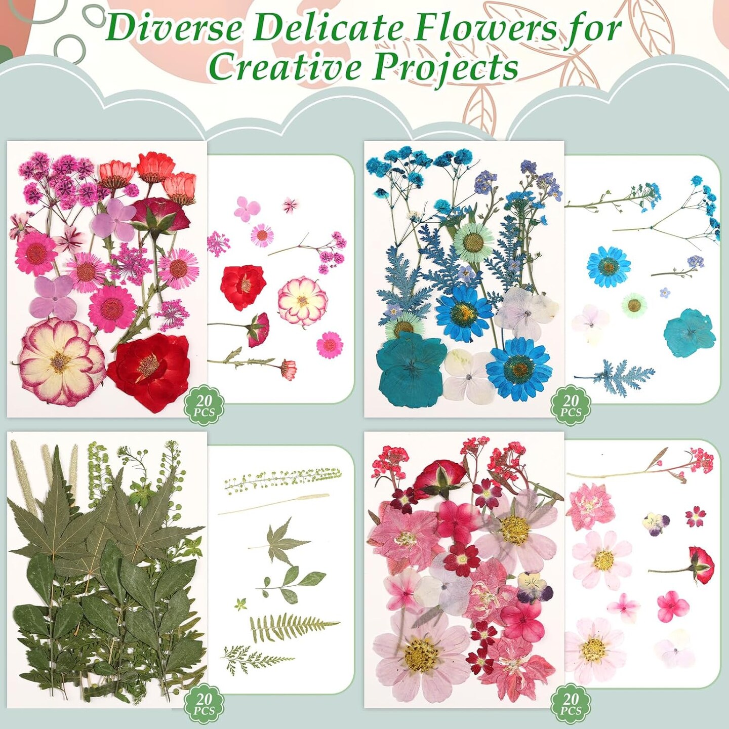 500-Piece Dried Flowers & Butterfly Stickers for Crafts – Real Pressed Flowers, Leaves & Resin Stickers for DIY Resin, Soap, Candle, Scrapbook, Jewelry, Nail Art, and Card Making