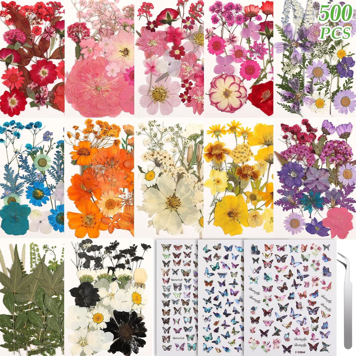 500-Piece Dried Flowers & Butterfly Stickers for Crafts – Real Pressed Flowers, Leaves & Resin Stickers for DIY Resin, Soap, Candle, Scrapbook, Jewelry, Nail Art, and Card Making