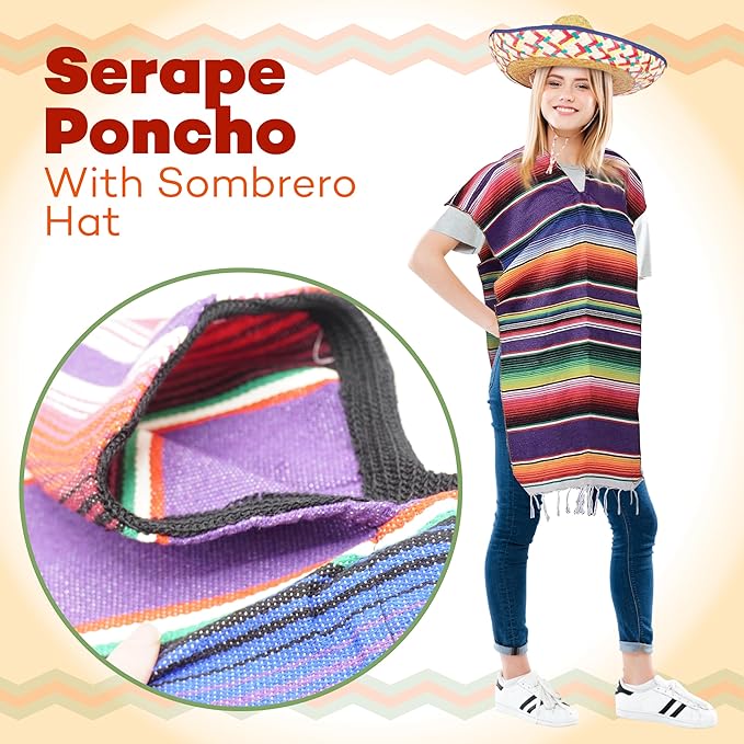 4E&#x27;s Novelty Mexican Serape Poncho with Sombrero Hat Costume &#x2013; Cinco De Mayo Outfit, Fiesta Party Dress Up Accessories