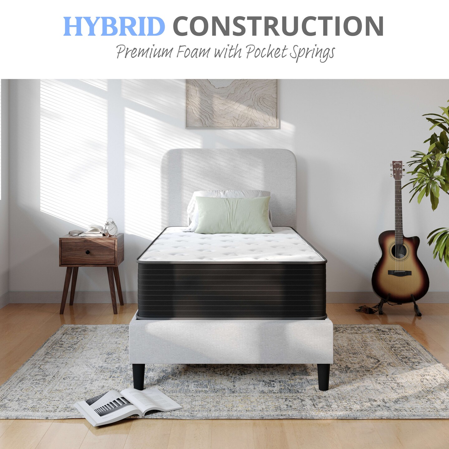 Emma and Oliver Drift 12 Inch Hybrid Mattress, High Density Cooling Foam and Pocket Spring Mattress in a Box, CertiPur-US Certified Foam, White/Black