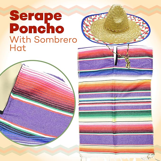 4E&#x27;s Novelty Mexican Serape Poncho with Sombrero Hat Costume &#x2013; Cinco De Mayo Outfit, Fiesta Party Dress Up Accessories