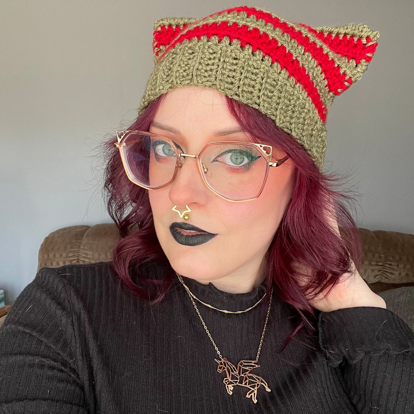 Crochet Cat Ear Beanie Hat - horror inspired red and green striped