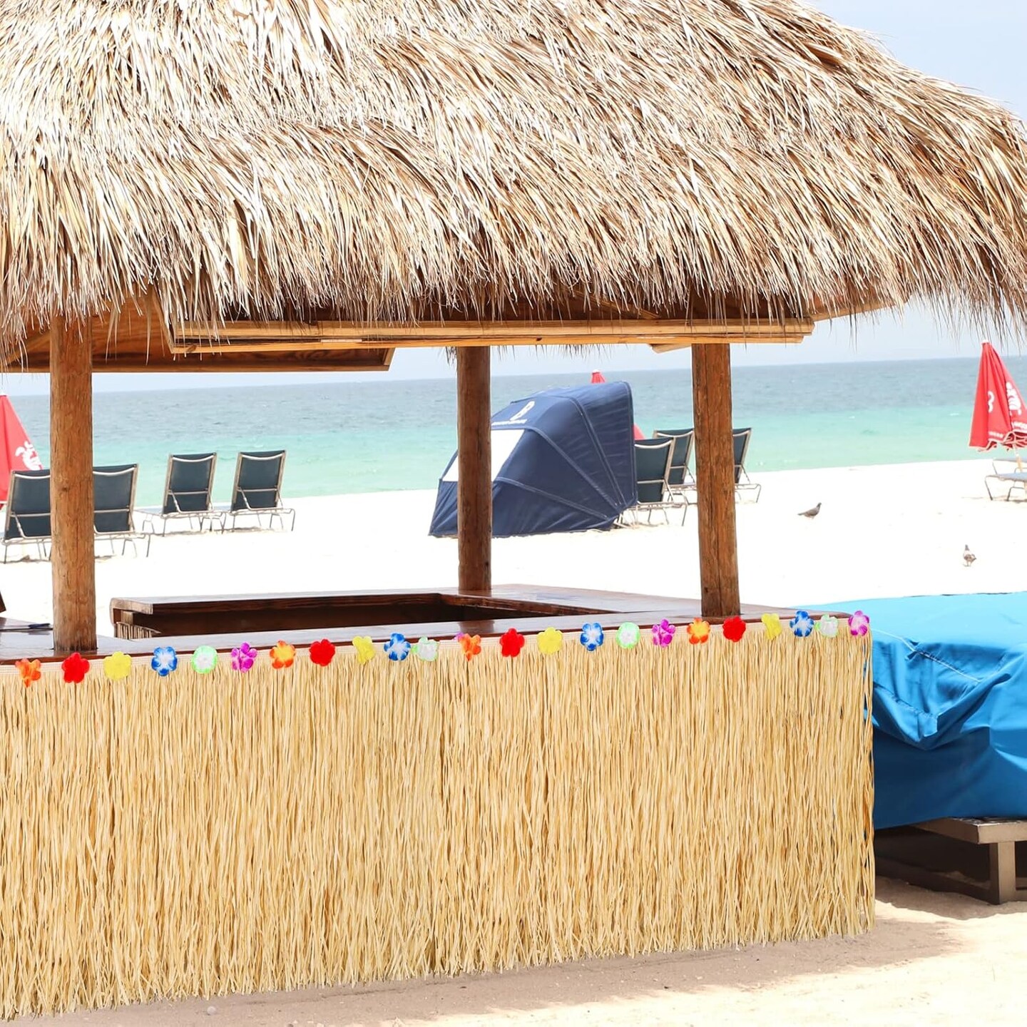 Paper Luau Grass Table Skirt with Hibiscus Flowers 9 Feet x 30 Inch