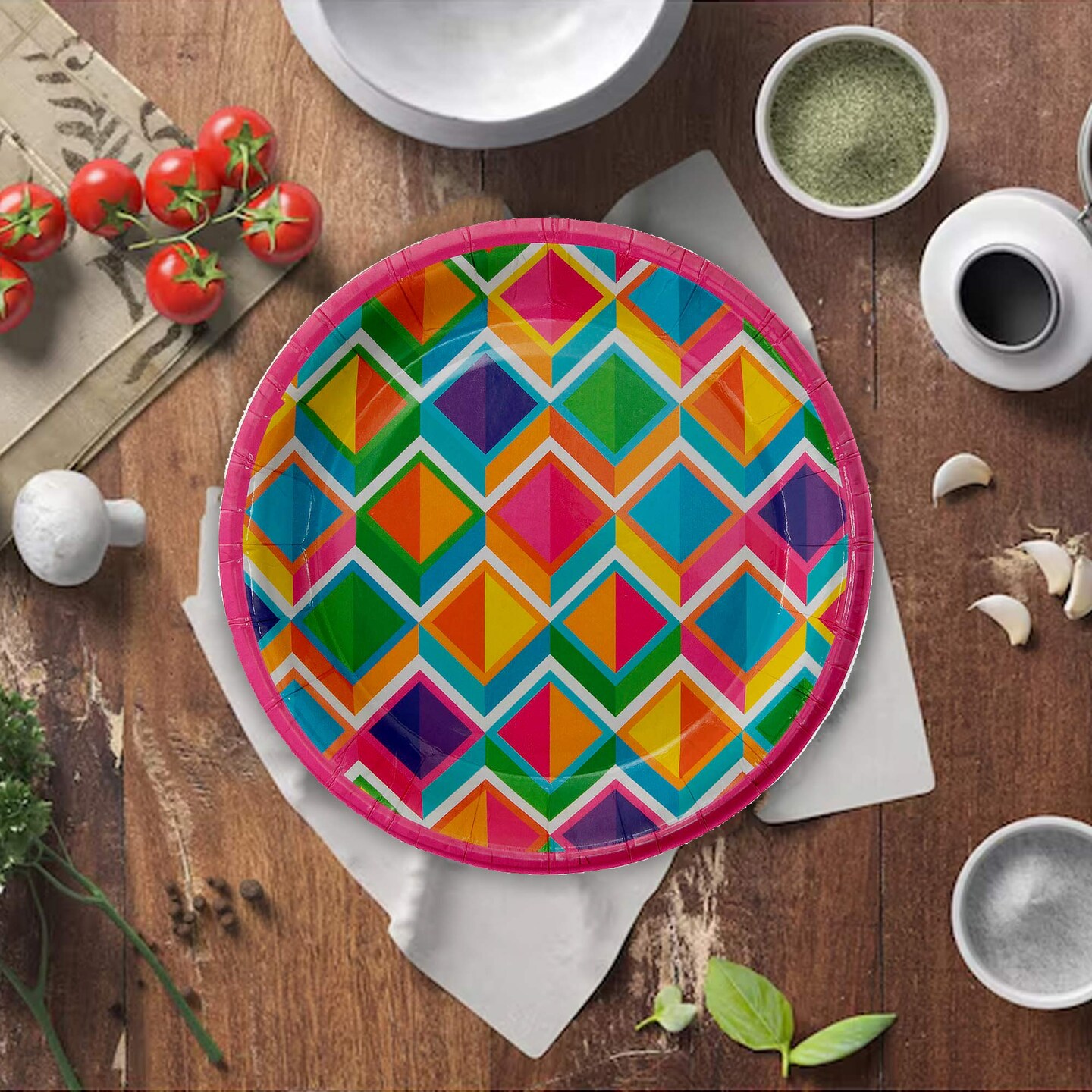 8 Ct. 7.25" Bright Geometric Dessert Plates Colorful Disposable Paper Party Plates
