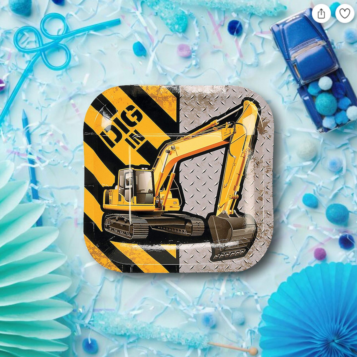 8 Ct. Construction Zone Excavator Square Paper Dessert Plates 7" “Dig In Party Plates