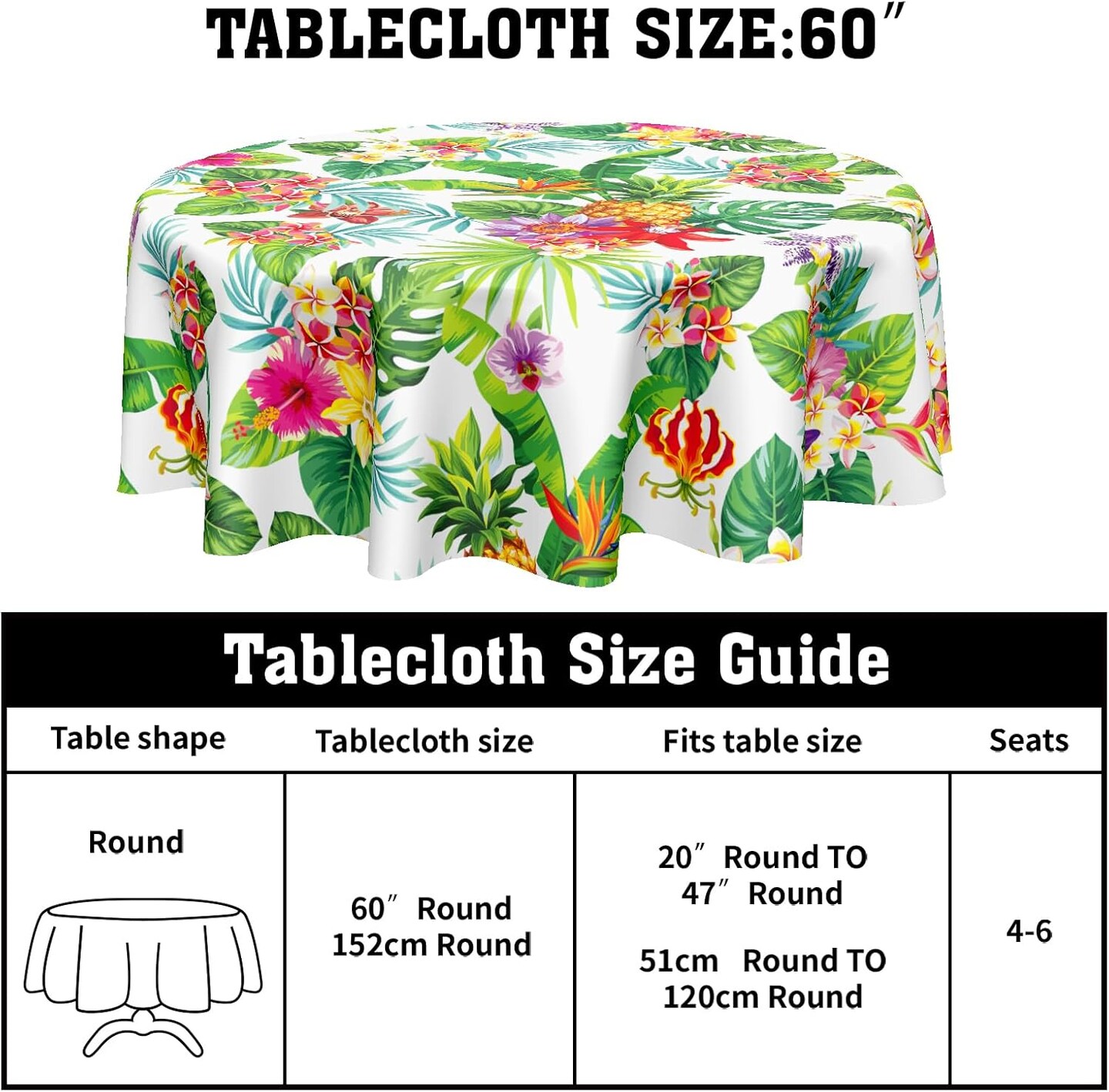 Tropical Leaves Round Tablecloth 60 Inch Summer Palm Leaf Floral Pineapple Outdoor Decorative Table Cloth Hawaiian Flower Washable Polyester Table Cover for Kitchen Dining Room Party Home Decor