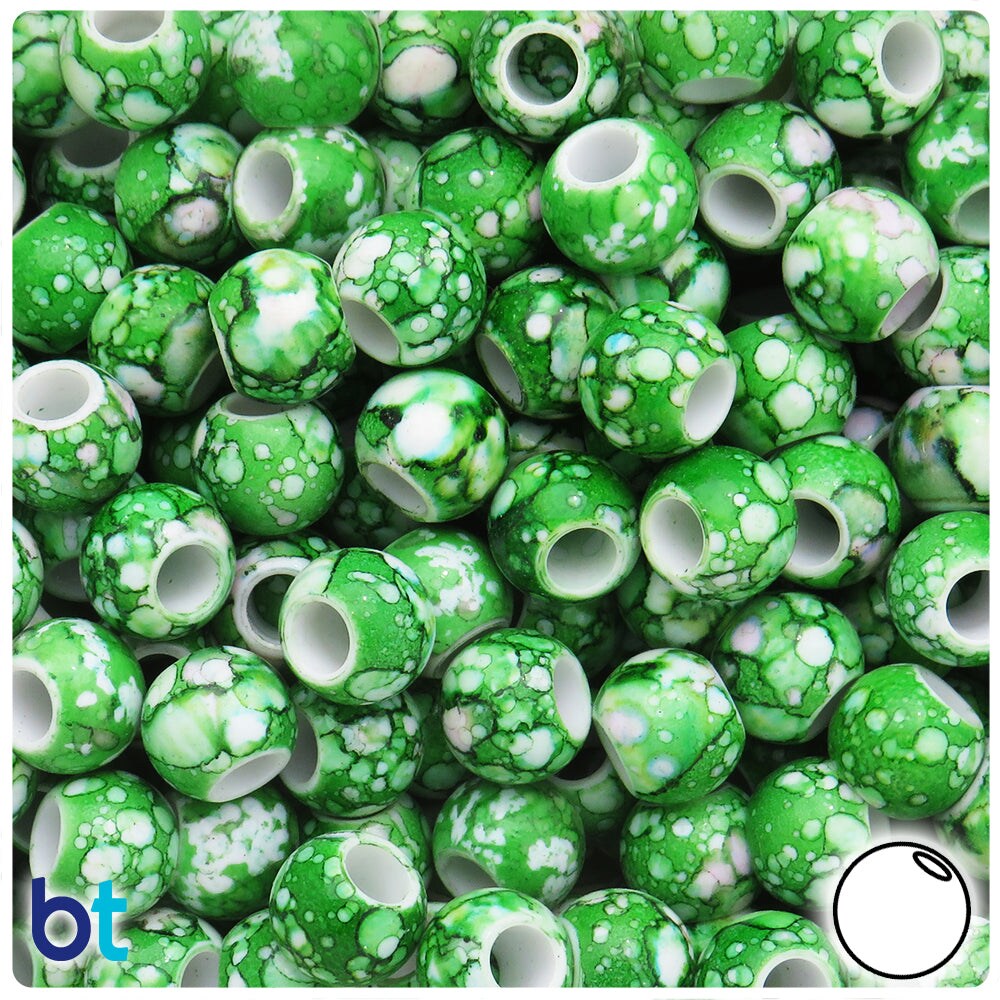 BeadTin Green Marbled 12mm Round Large Hole Plastic Pony Beads (75pcs)