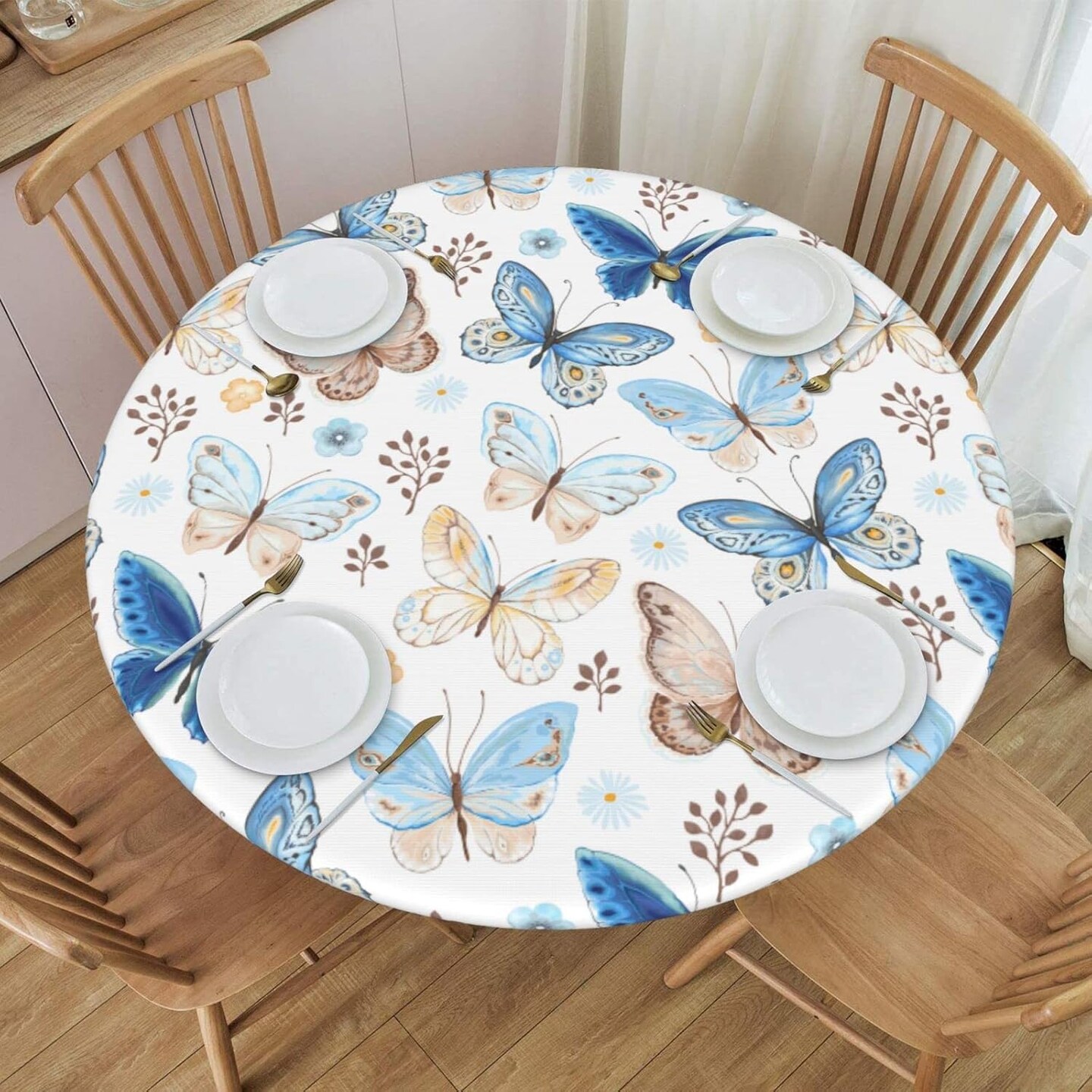 Round Table Cloth Blue Butterfly Tablecloth Elastic Edge Fitted Table Cover