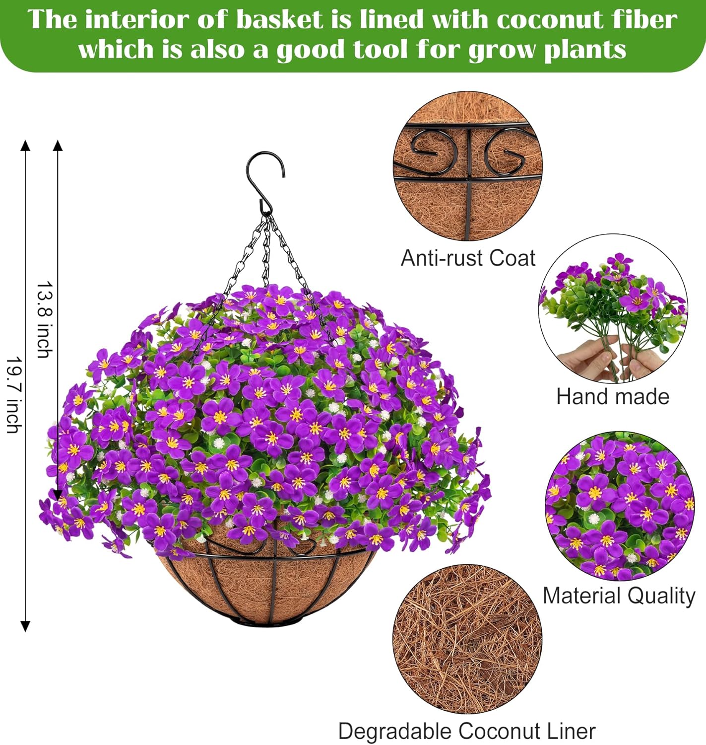 Artificial Hanging Flowers with Basket – UV-Resistant Purple Plants for Outdoor Decor (Purple)