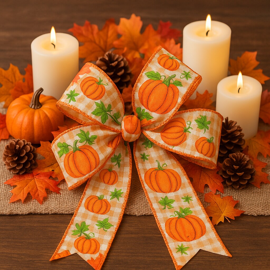 Designer’s Shop WR 63-5094 2.5” x 10 yard Autumn Festival Pumpkins plaid wired edge ribbons