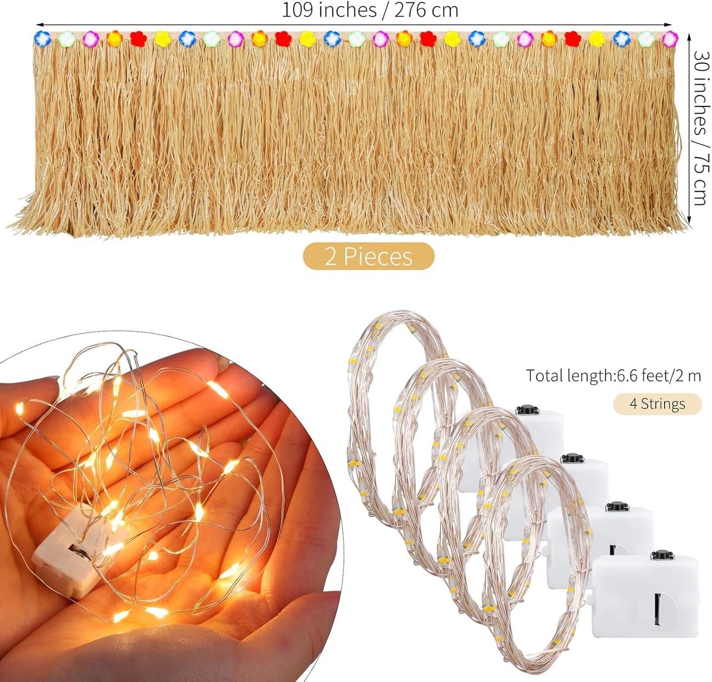 2 Pieces 9 Ft x 30 Inches Luau Grass Table Skirts with LED String Light (Natural)