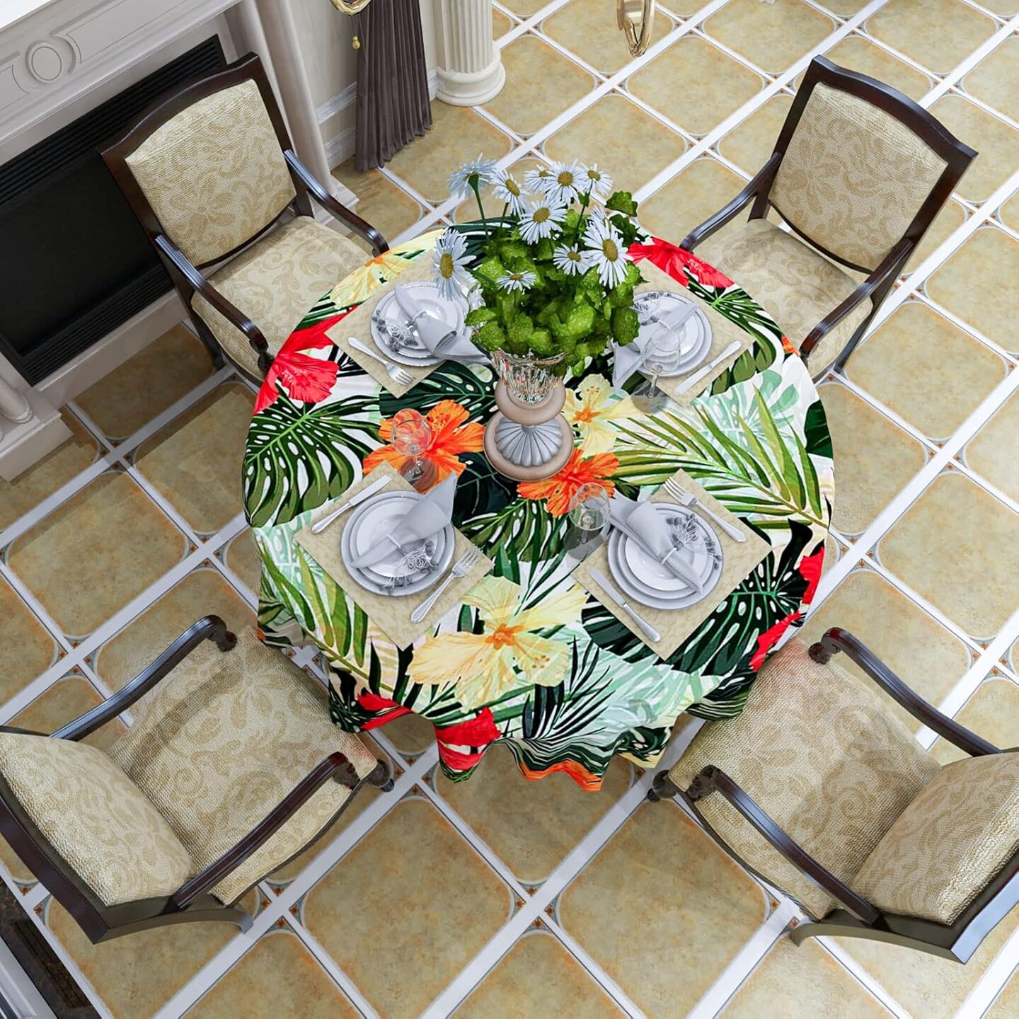 Tropical Round Tablecloth, Hawaiian Palm Tree Hibiscus Flowers Plants Tablecloths, Aloha/Luau Theme Party, Wipeable Waterproof Table Cloth for Family Dinners Patio Outdoor/Outside Events 50x50 Inch