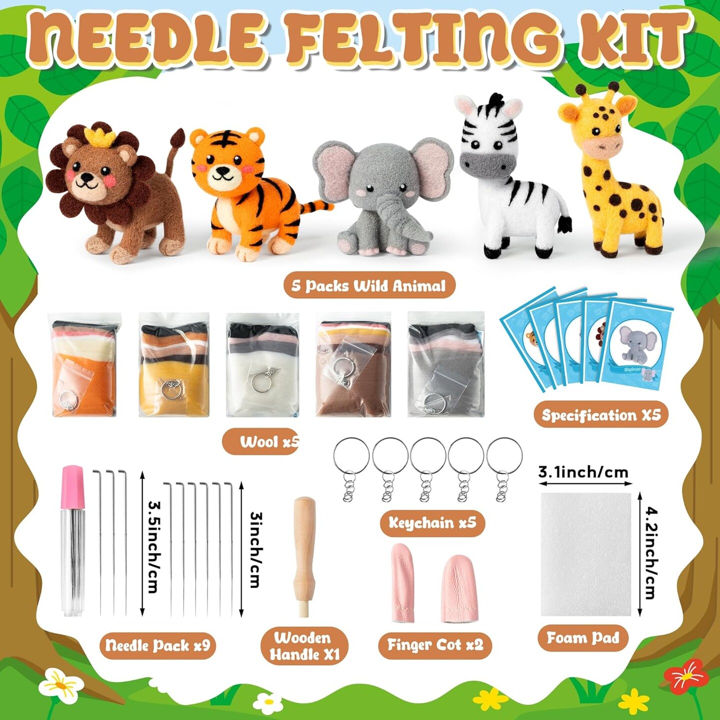 Wild Animal Needle Felting Kit - Set of 5 Different Zoo Animal Doll Making Wool Felt Needle Felting Tools Foam Pad Mat,DIY Home Decoration Needle Felting Craft Party Supplies for Beginners