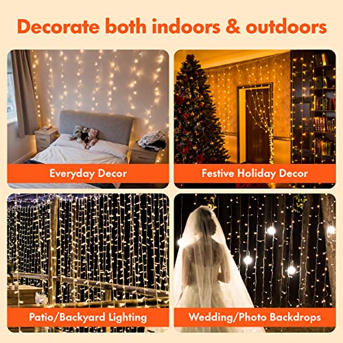 300 LED Window Curtain String Lights Wedding Party Home Garden Bedroom Outdoor Indoor Wall Decorations, Warm White