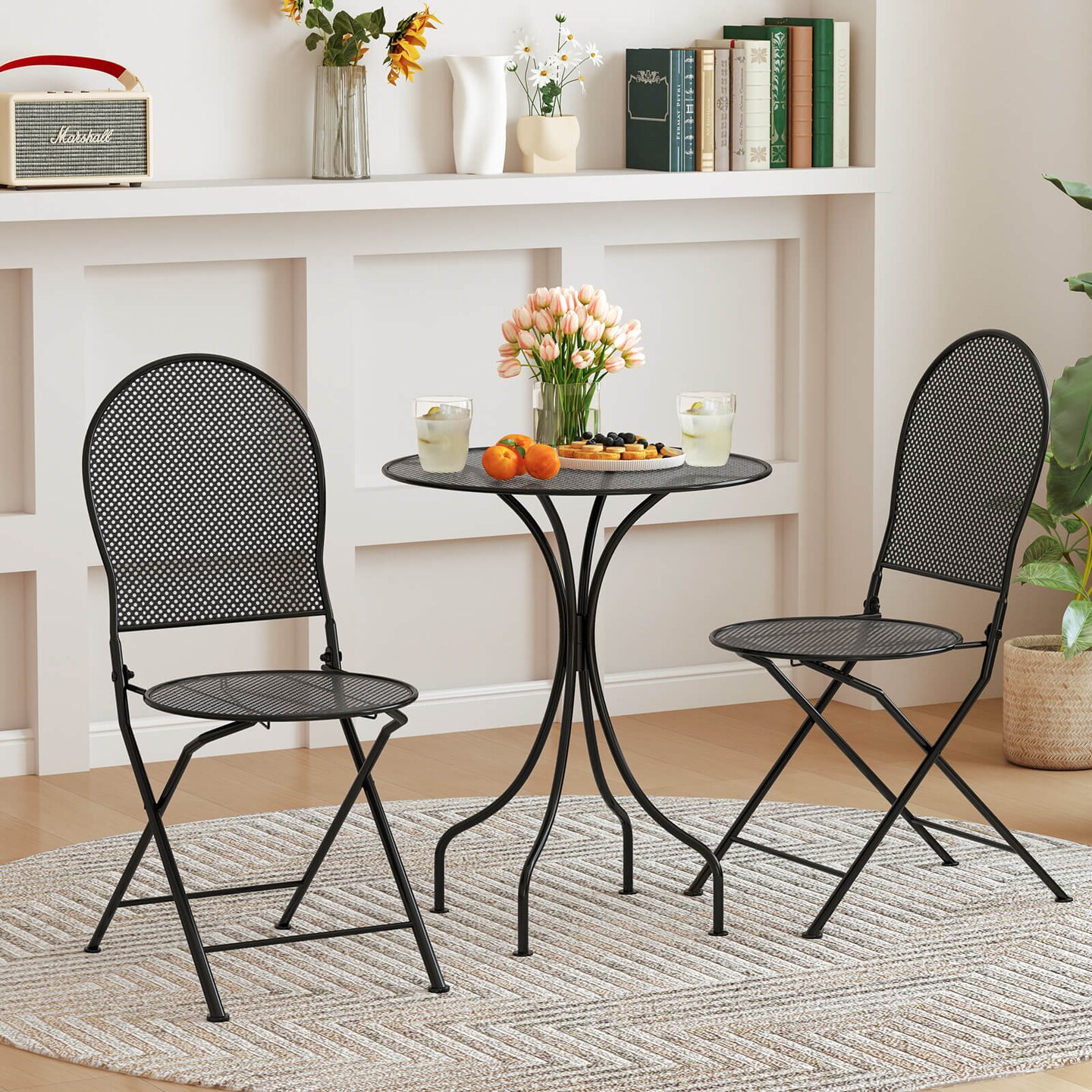 Costway 3 PCS Metal Bistro Set Round Table & 2 Folding Chairs with Rattan-Like Pattern Black/White