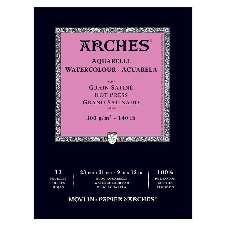 Arches Watercolor Paper 140 lb. Hot Press 12 Sheet Pad 9x12&#x22;